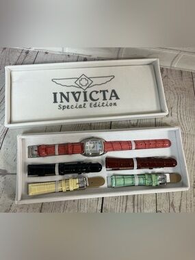 Invicta Lupah Women Watch Set Tritnite Night Glow Mother Of Pearl Leather Bands